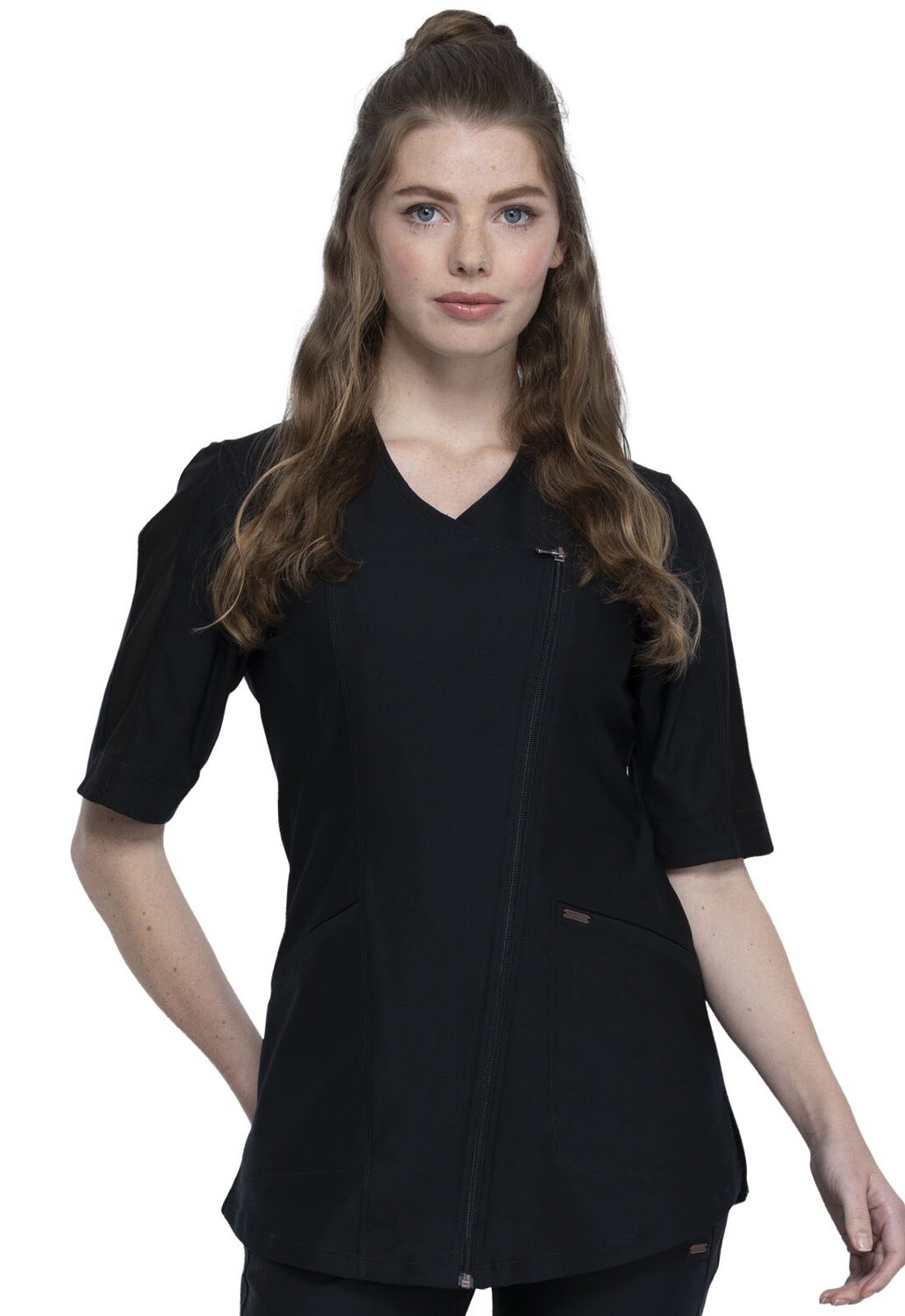 Cherokee Form  Women's Asymmetrical Zip Front Tunic Top, Color: Black, Size: X Large
