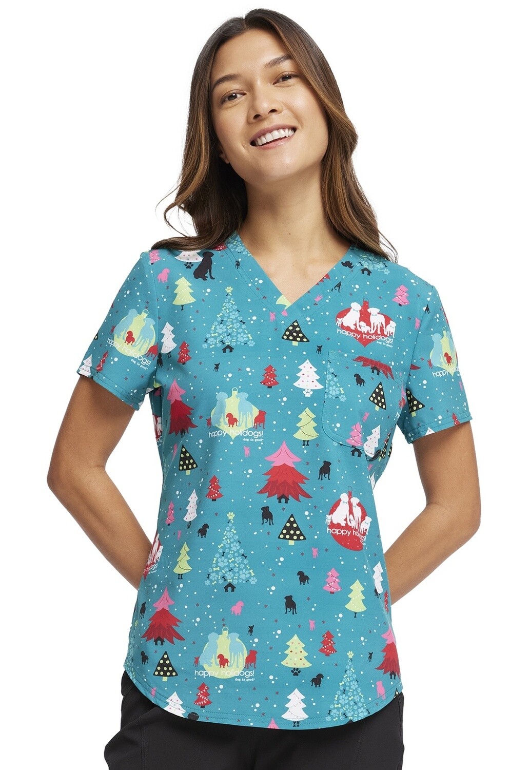 Cherokee Prints V-Neck Tuckable Top in Happy Holidogs, Color: Happy Holidogs, Size: 2Xtra Small