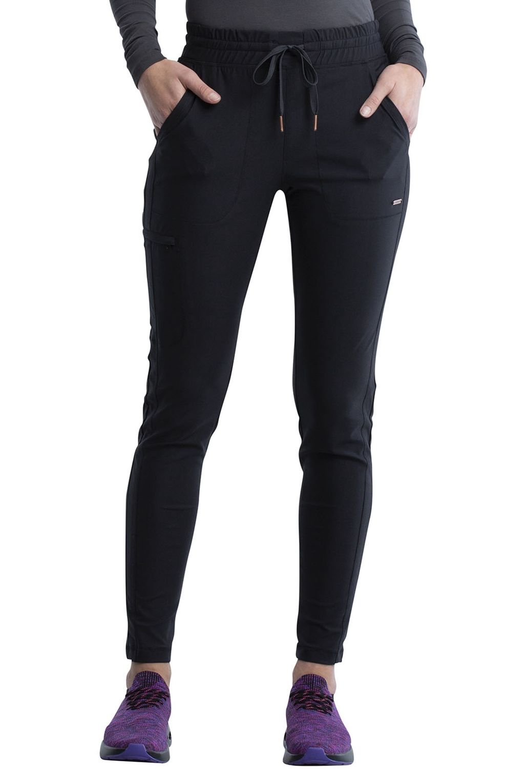 Cherokee Form Women's Mid Rise Tapered Drawstring Pant Petite, Color: Black, Size: 2Xtra Small