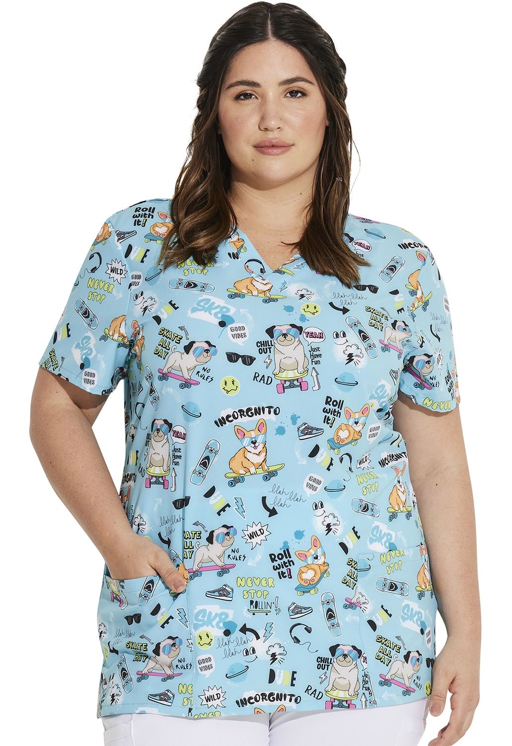 Dickies Print V-Neck Print Top in Never Stop Rollin', Colour: Never Stop Rollin', Size: X Small