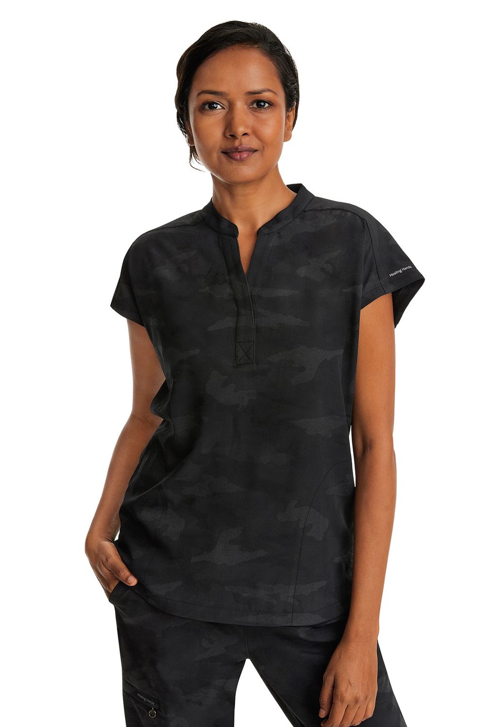 Healing Hands Women's Journey Camo Top, Colour: Black, Size: Xtra Small