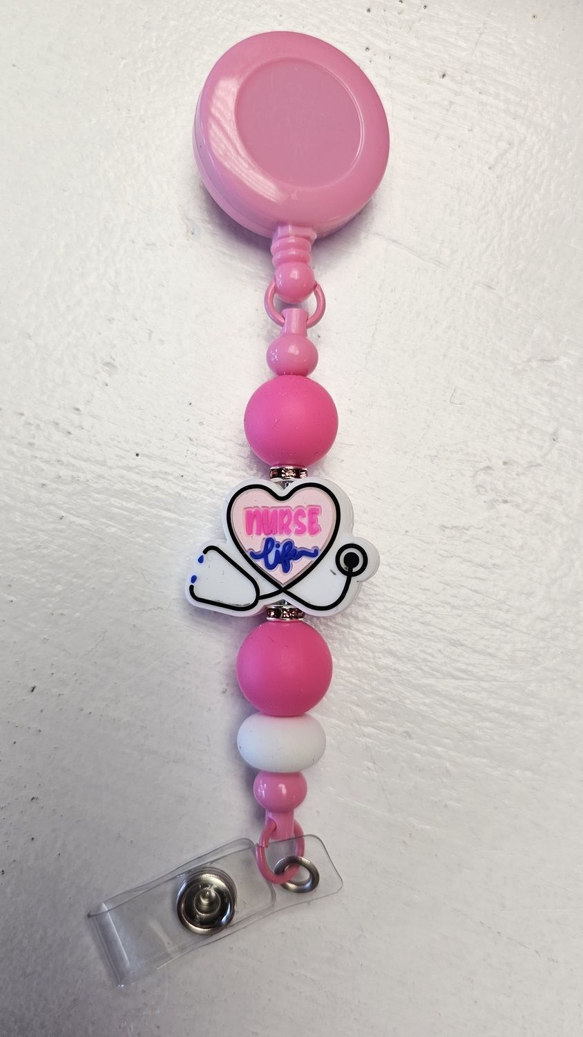Silicone Bead Retractable Badge Reels, Colour: Nurse Life Pink