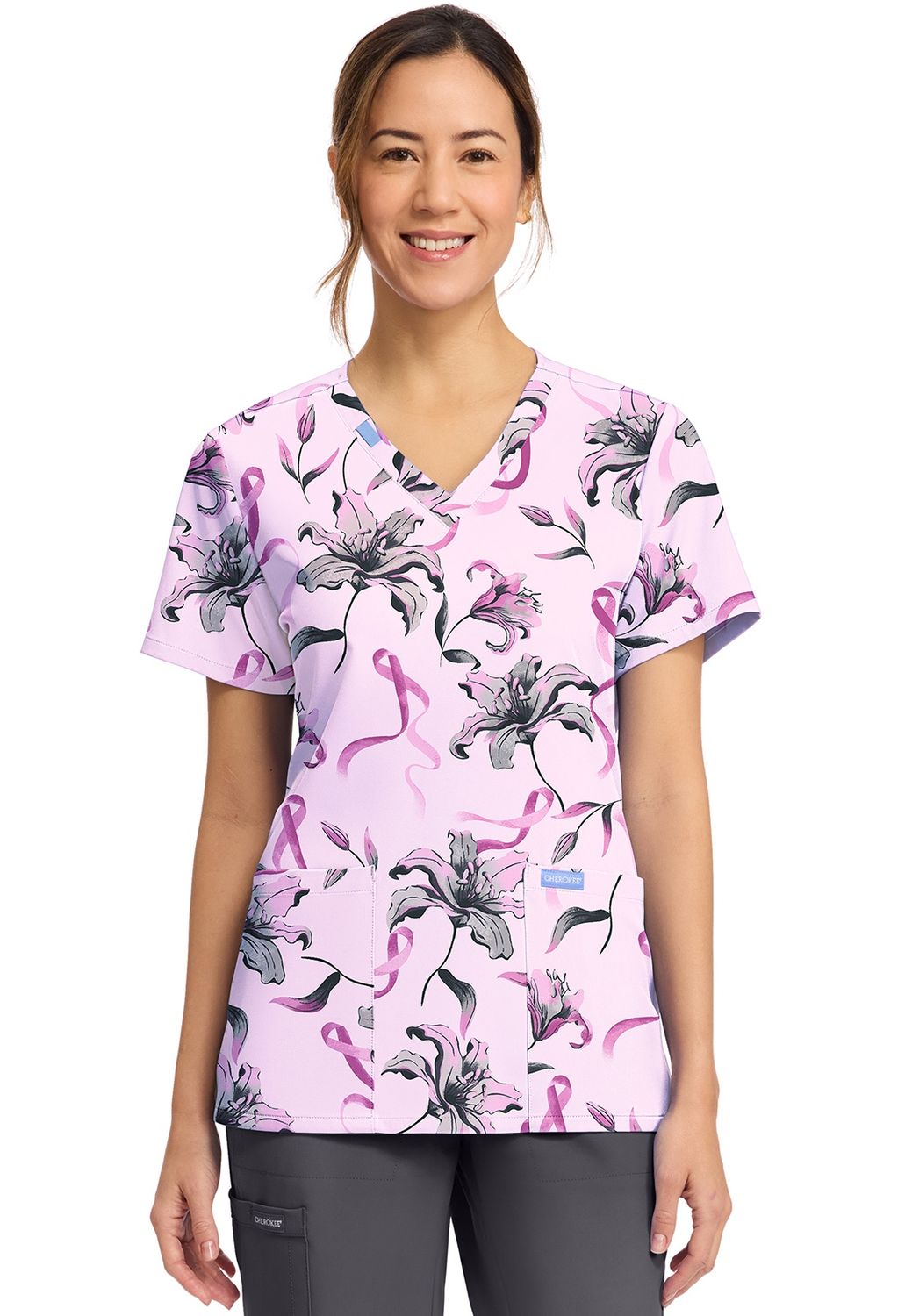 Cherokee Prints Women's Print V-Neck Top in LOVING LILIES