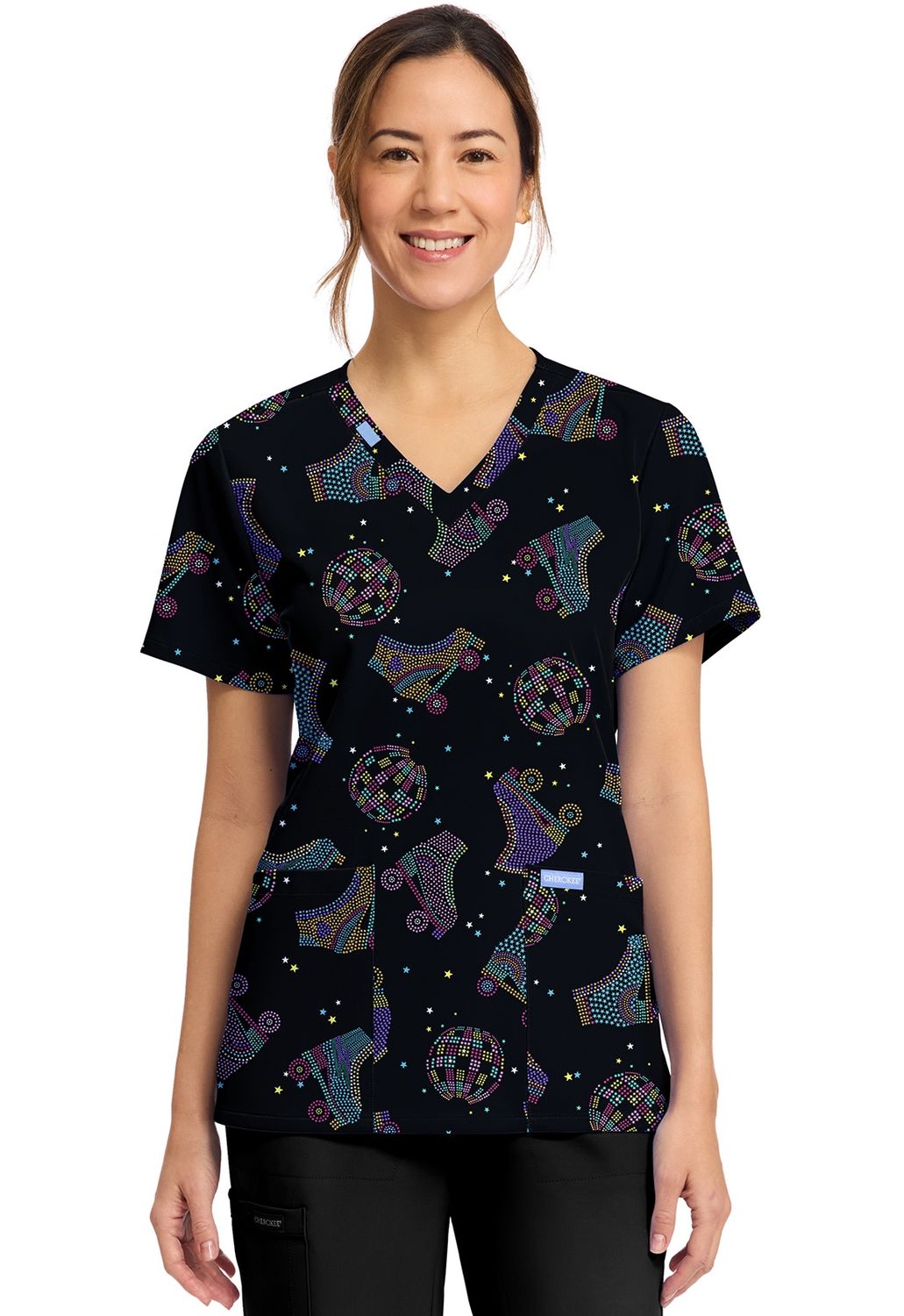 Cherokee Prints Women's Print V-Neck Top in ROLLER DISCO