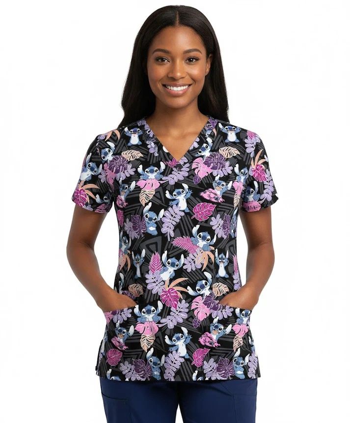 Cherokee Toonieform-Disney V-Neck Top in Stitch Tribe, Colour: Stitch Tribe, Size: X Small