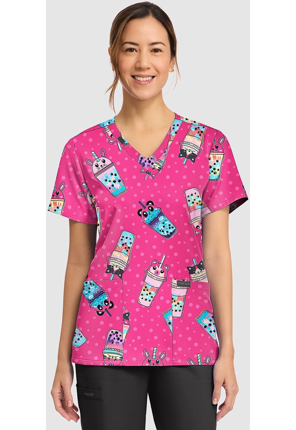 Cherokee Prints Women's Print V-Neck Top in Boba Party