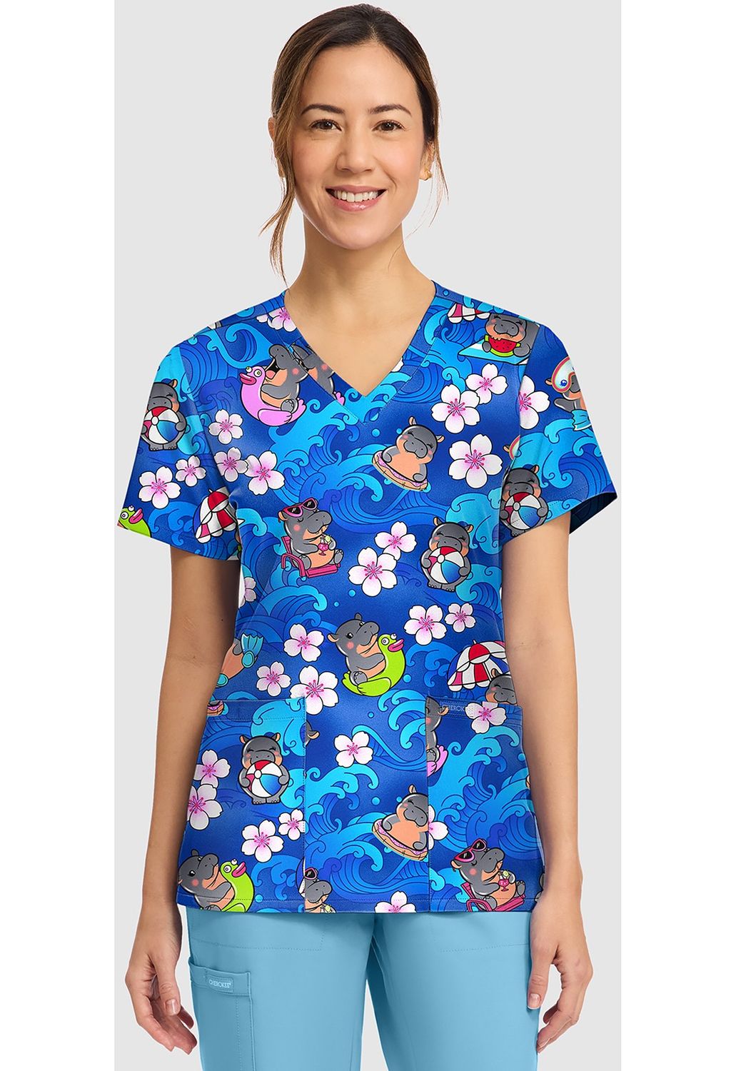 Cherokee Print Women's Print V-Neck Top in Hippo Water Mus, Colour: Hippo Water Mus, Size: X Small