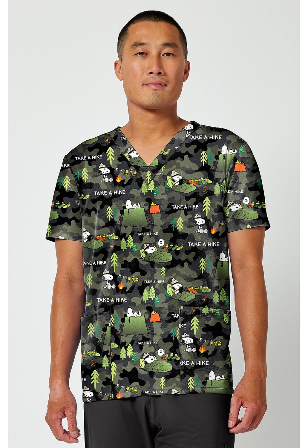 Cherokee Licensed Men's Print V-Neck Top in Snoopy Outdoors, Colour: Snoopy Outdoors, Size: Medium