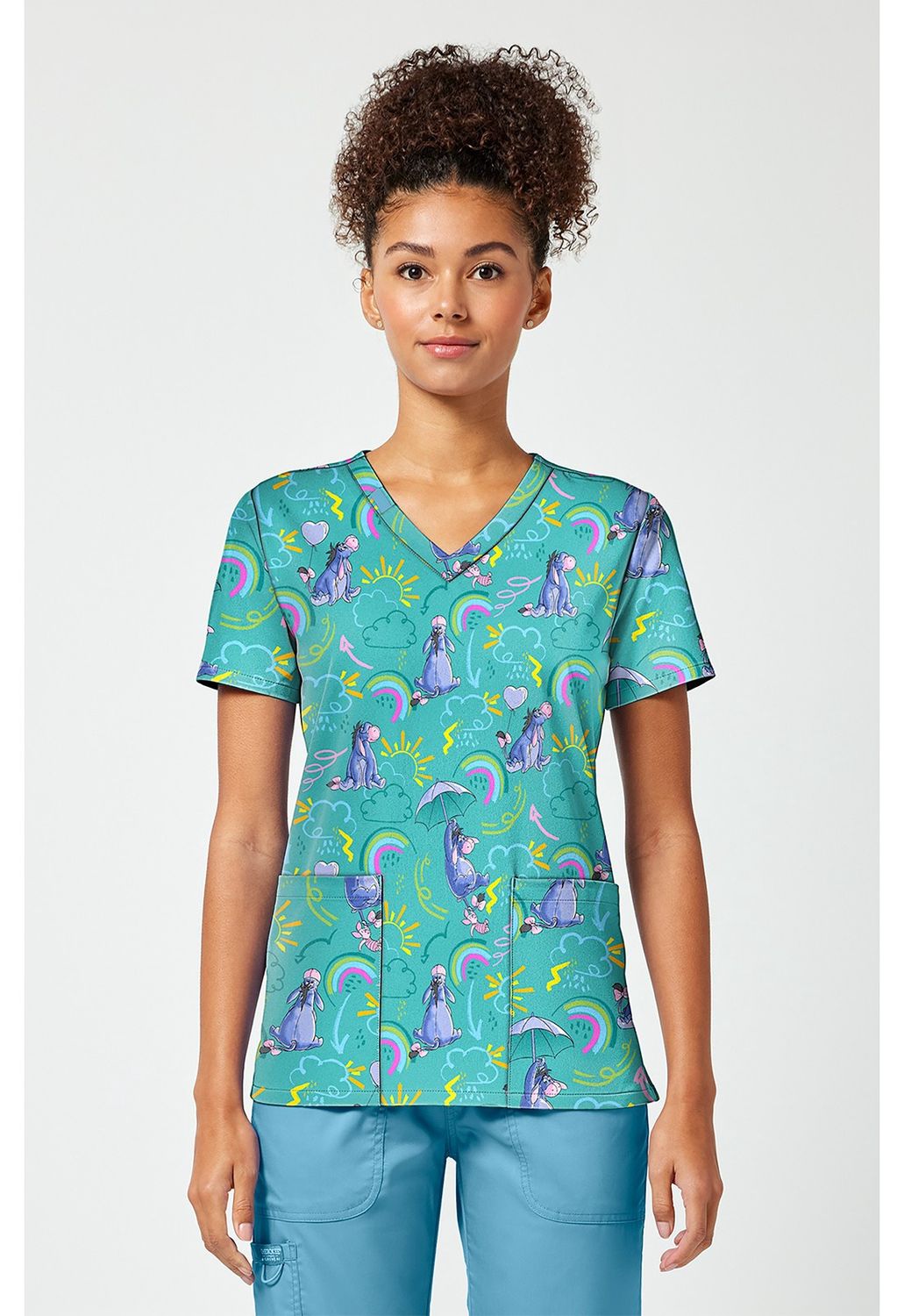 Toonieforms Women's Print V-Neck Top in Eeyore Rain Or Shine