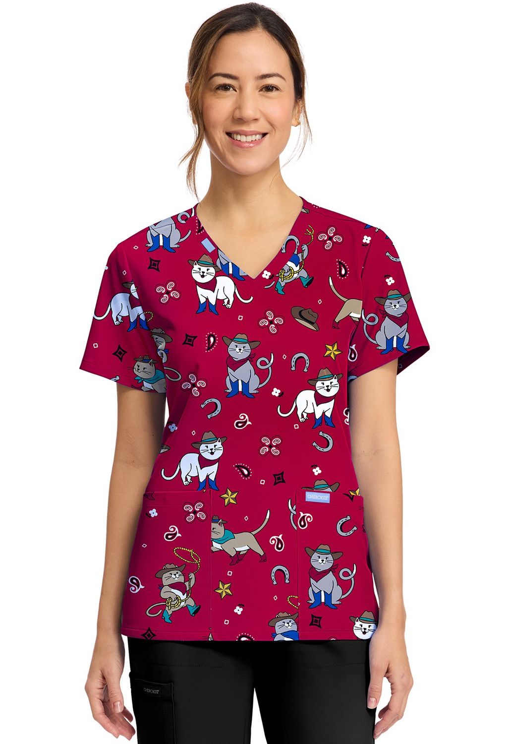 Cherokee Print Women's Print V-Neck Top in COWGIRL KITTY