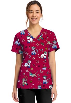 Cherokee Print Women's Print V-Neck Top in COWGIRL KITTY