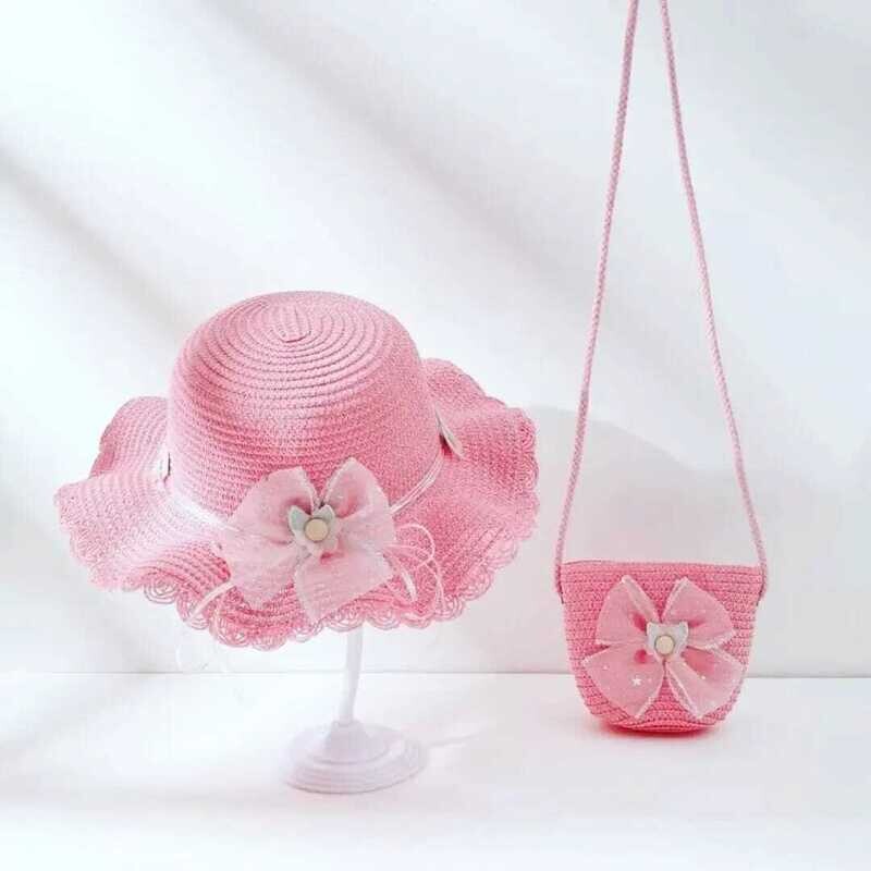 Girls Flower Decor Straw Hat &amp; Bag