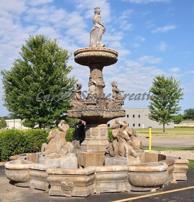 Large Classical Tiered Pedestal Statue Fountain with Neptune and Horses

