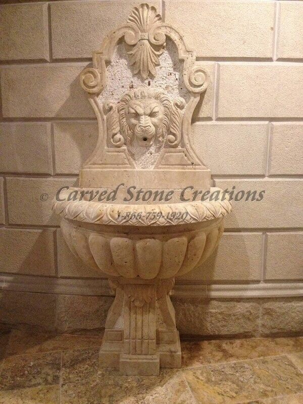 Lion Wall Fountain With Scrolled Pedestal, H72" x W36", Light Oriental Travertine
