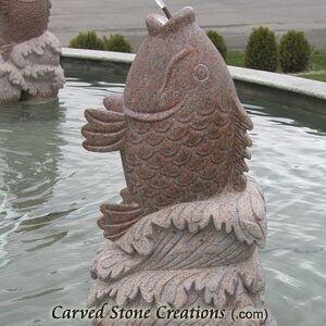 Jumping Koi Fish Fountain, Maple Leaf Red Granite
