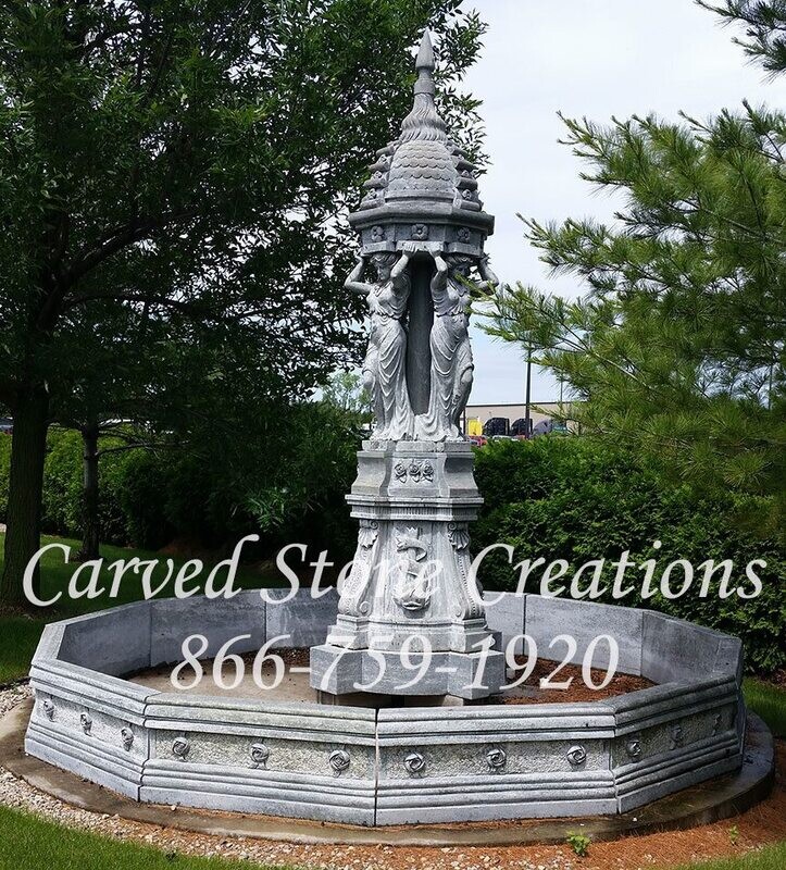 Four Lady Marble Fountain With Surround, Verde Oliva Marble
