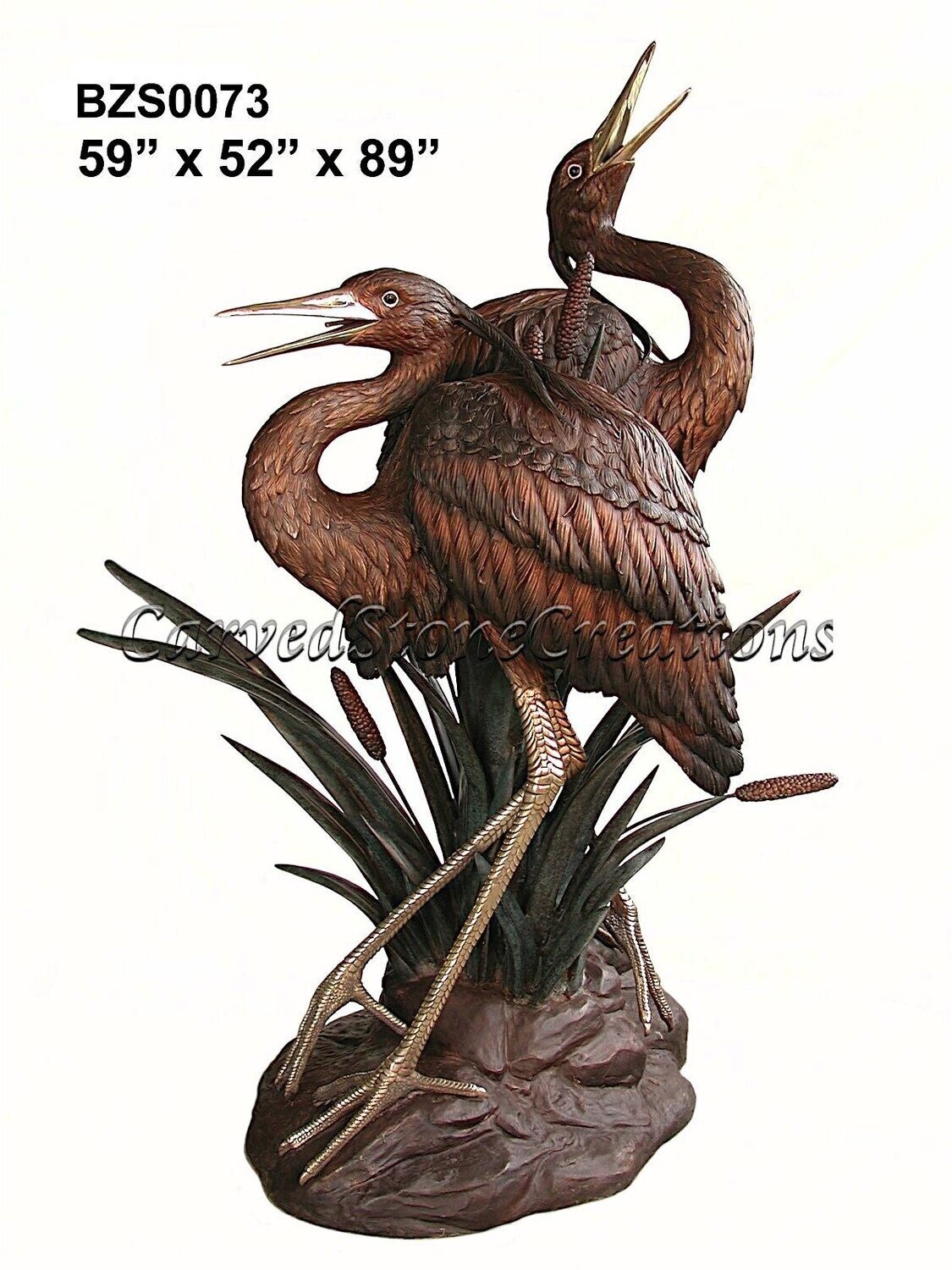 Bronze Heron Pair On Rock Base W/ Cattails
