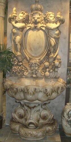 Crowned Lion Wall Fountain, H104" x W51", Antique White Marble