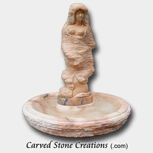 Carved Mermaid In Rock Fountain with Basin, Sunset Red Marble