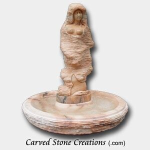 Carved Mermaid In Rock Fountain with Basin, Sunset Red Marble
