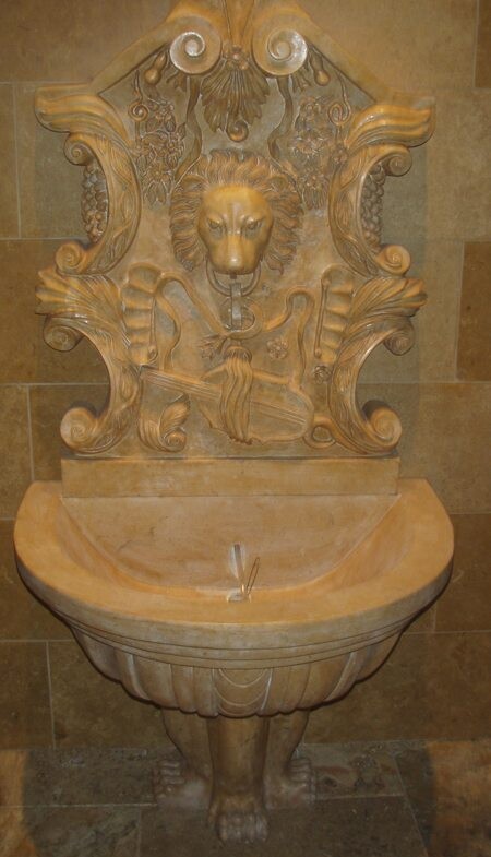 Lion Wall Fountain with Claw Foot Pedestal Base, H69" x E35", Summer Wheat Limestone

