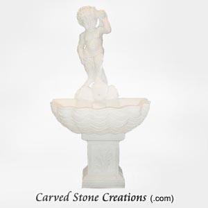 Cherub with Fish and Shell Basin Wall Fountain, H60" x W34", Bianco PuroWhite Marble
