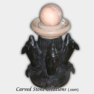 Dolphin Floating Sphere Fountain Black Limestone with Sunset Red Sphere
