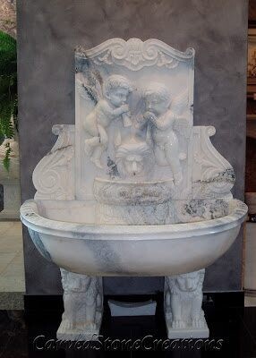 Trumpet Angels with Lion Bases Wall Fountain, H60" X W48", Cumulus White Marble

