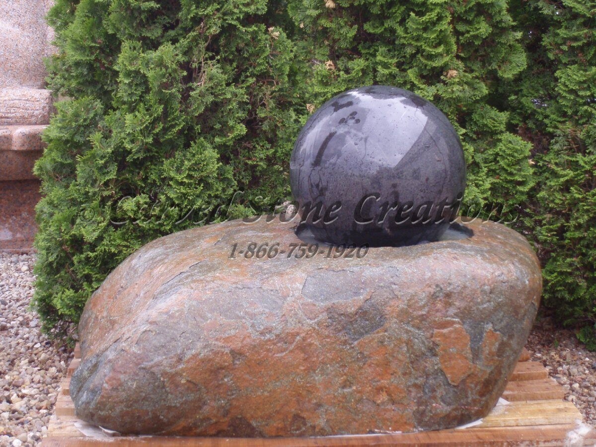 Large Boulder Fountain with Polished Black Sphere, H26