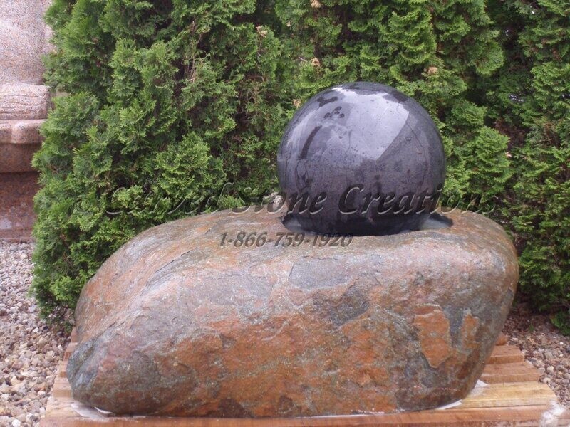 Large Boulder Fountain with Polished Black Sphere, H26"
