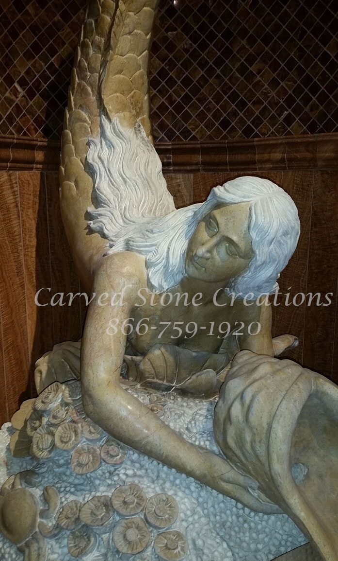 Carved Mermaid Filler Fountain, H60", Beige Venato Marble
