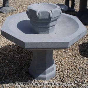 Octagon Bird Bath Fountain, H30", Honed Charcoal Grey Granite
