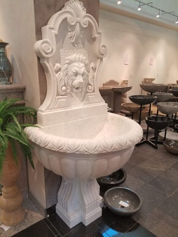 Lion Wall Fountain With Scrolled Pedestal, H72"x W36", White Marble
