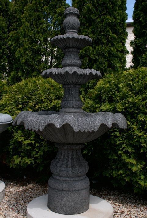Classical 3-Tier Pedestal Fountain, D39" x H67", Charcoal Grey Granite
