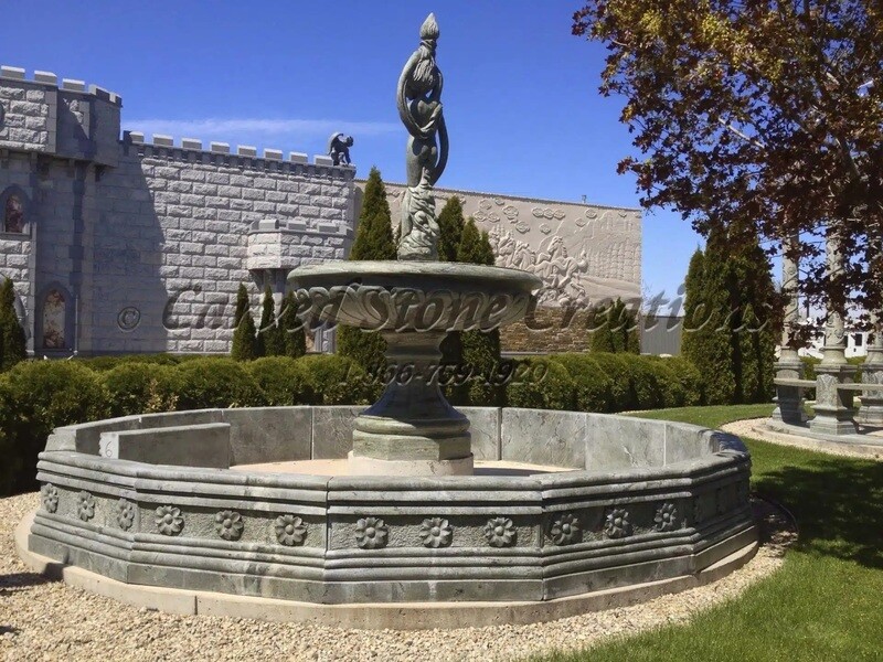 Dancing Woman with Ribbon and Torch, 6'D x H126" WITH 16' D Faceted Marble Pool Surround
