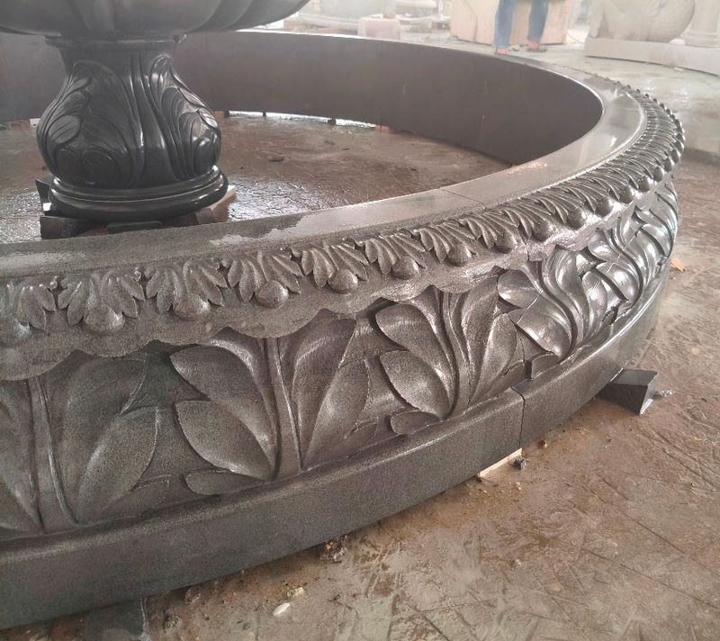 Acanthus Leaf Relief Carved Pool Surround 10’D x 14″T Charcoal Grey Granite