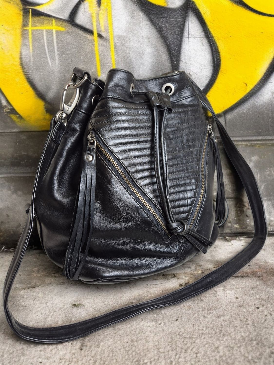 MUSKA black leather biker bucket bag 😎