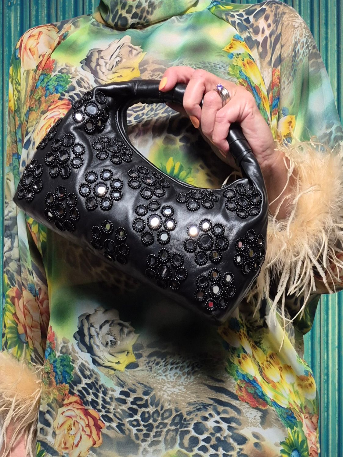 Antik Batik Black Leather Beaded Mirror Bag