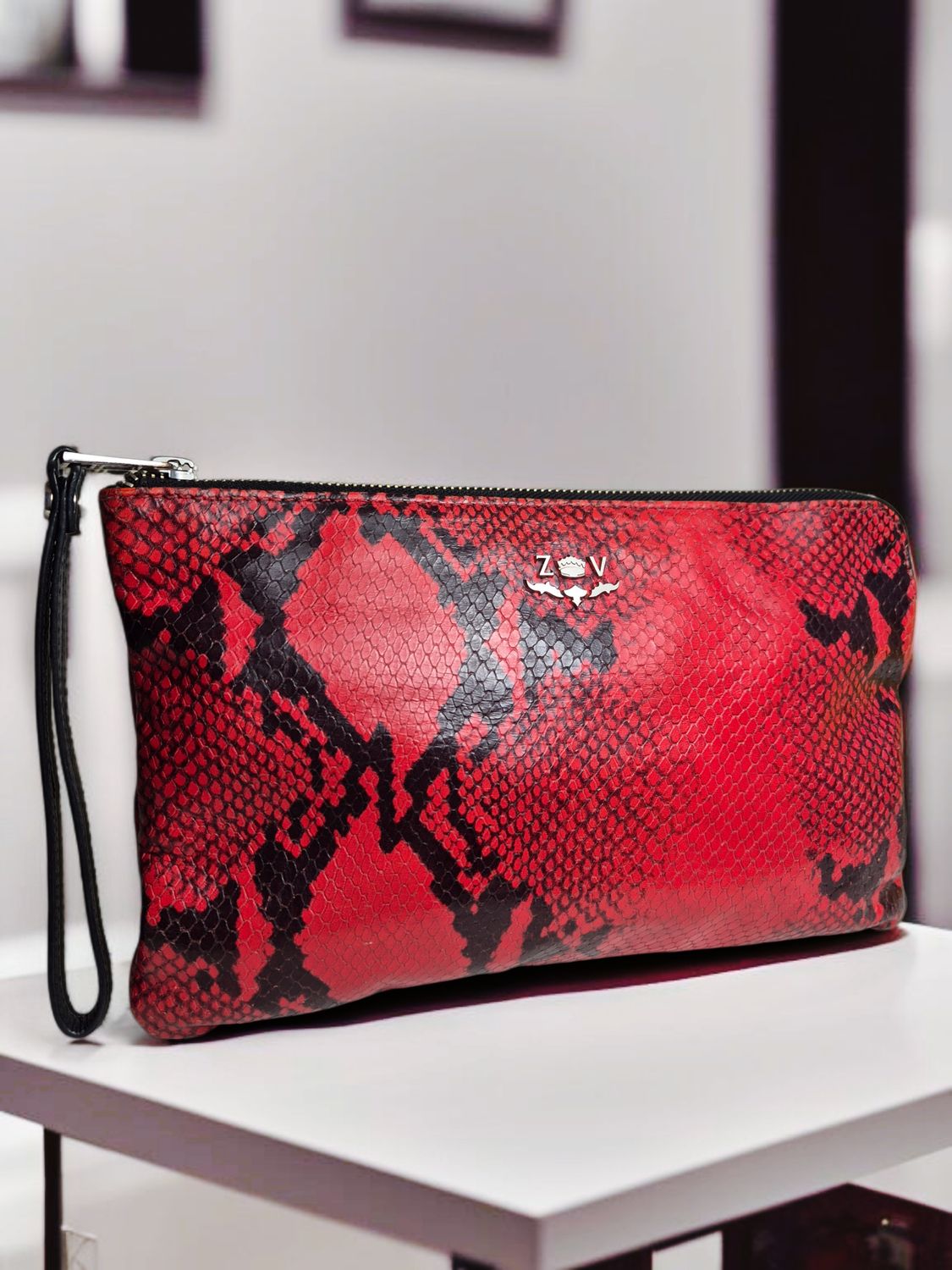 Zadig &amp; Voltaire Red Python Print Leather Clutch