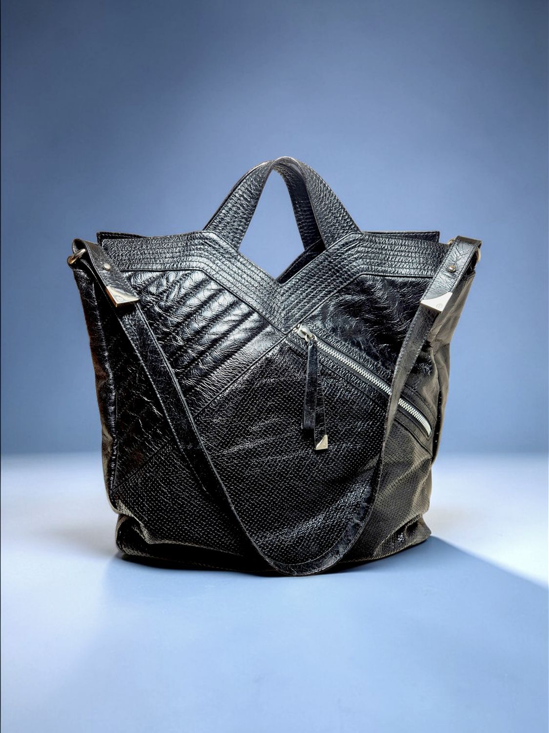 Francesco Biasia XL Black Leather Slouchy Tote