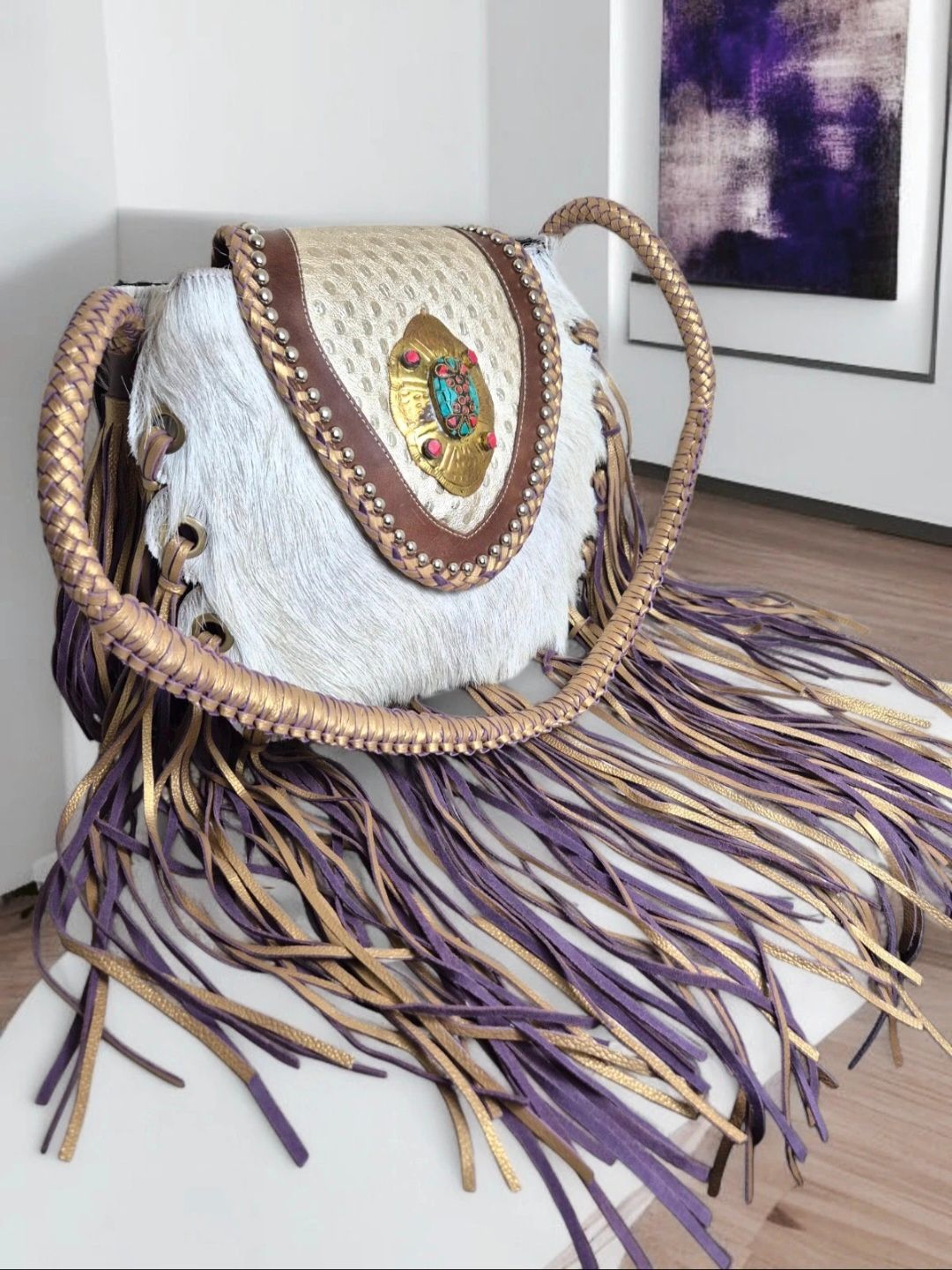 ✨️ Perfect new boho hobo, hide &amp; leather, purple &amp; gold, festival bag of dreams ✨️