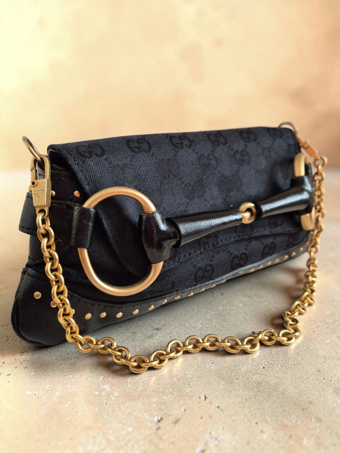 G♡cci T○m F○rd Inspired Horsebit Chain Clutch | Black GG Canvas | Y2K Style | R€plica