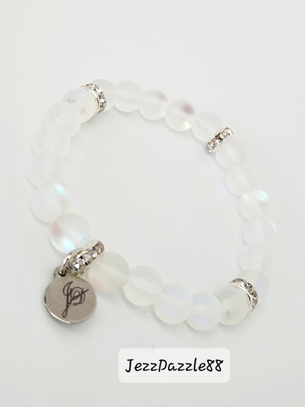 Holographic Mystic Aurora Bead Borealis Frosted Stone White Mermaid Glass Bracelet With Silver Charm Rhinestones