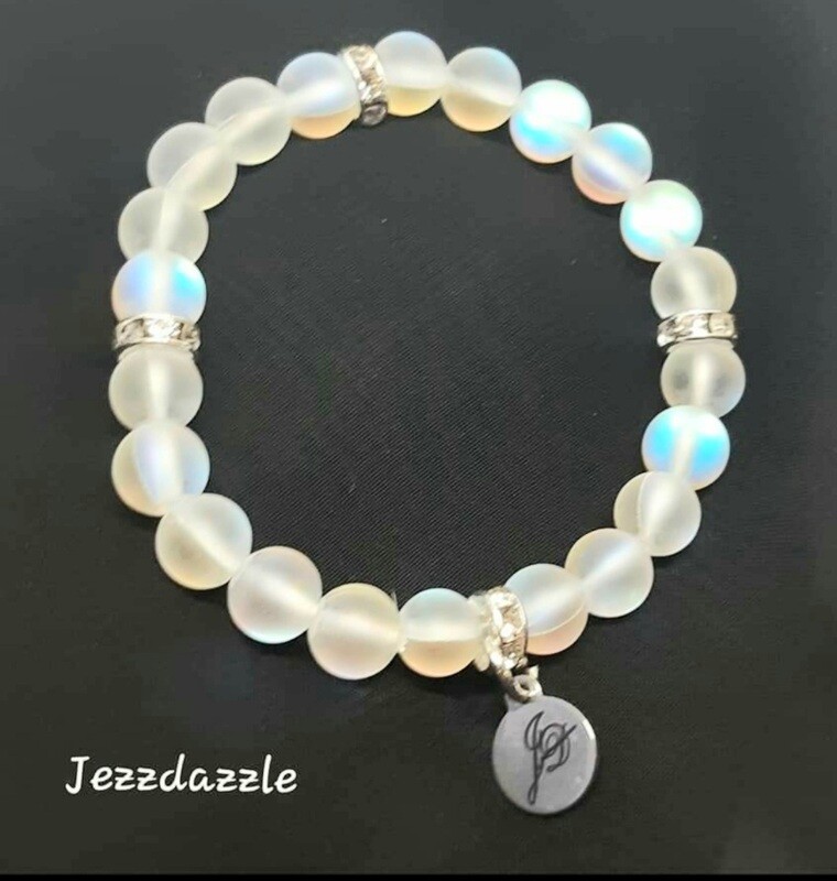 Holographic Mystic Aurora Bead Borealis Frosted Stone White Mermaid Glass Bracelet With Silver Charm Rhinestones