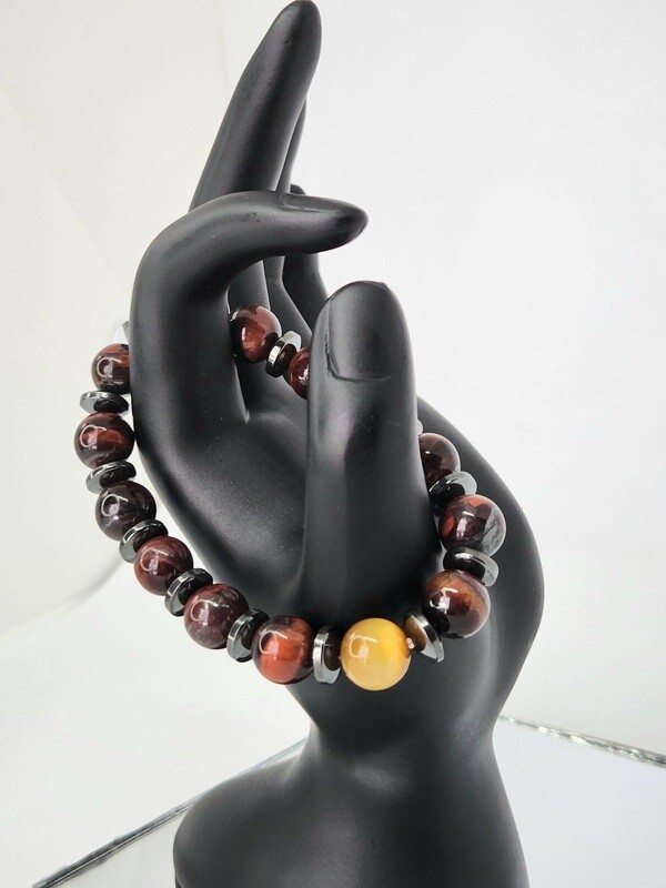 Garnet Stone Tiger Eye Bracelet Beads Hand Made Natural stretchy With Hematite Spacers