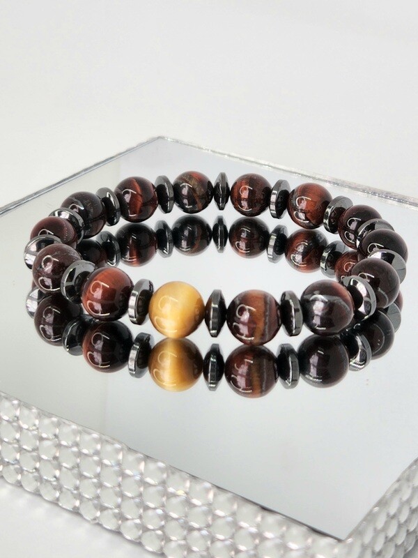 Garnet Stone Tiger Eye Bracelet Beads Hand Made Natural stretchy With Hematite Spacers