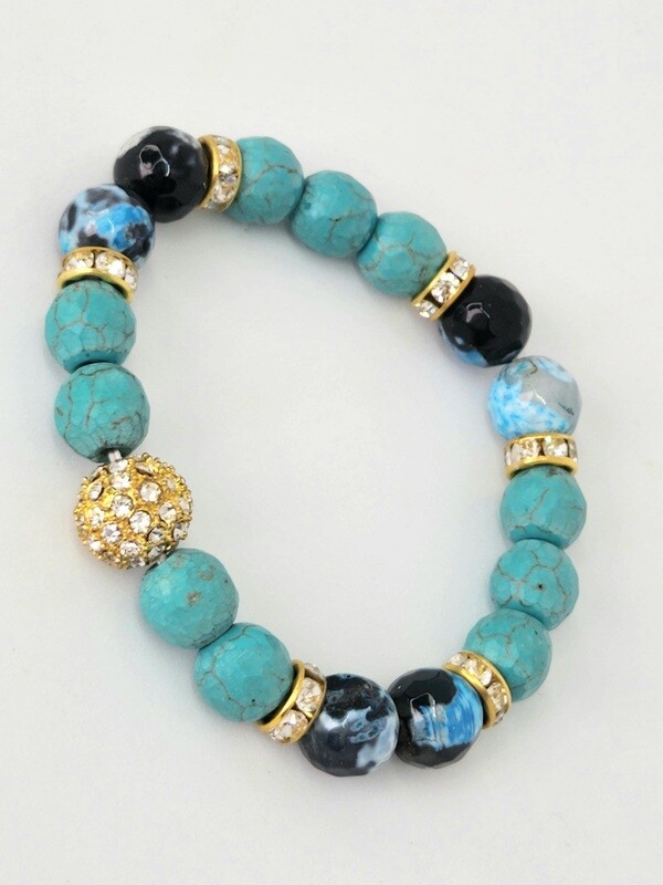 Turquoise Stones Gold Rhinestone  Crystal Sparkle Bracelet Ocean Blue Beads Acrylic