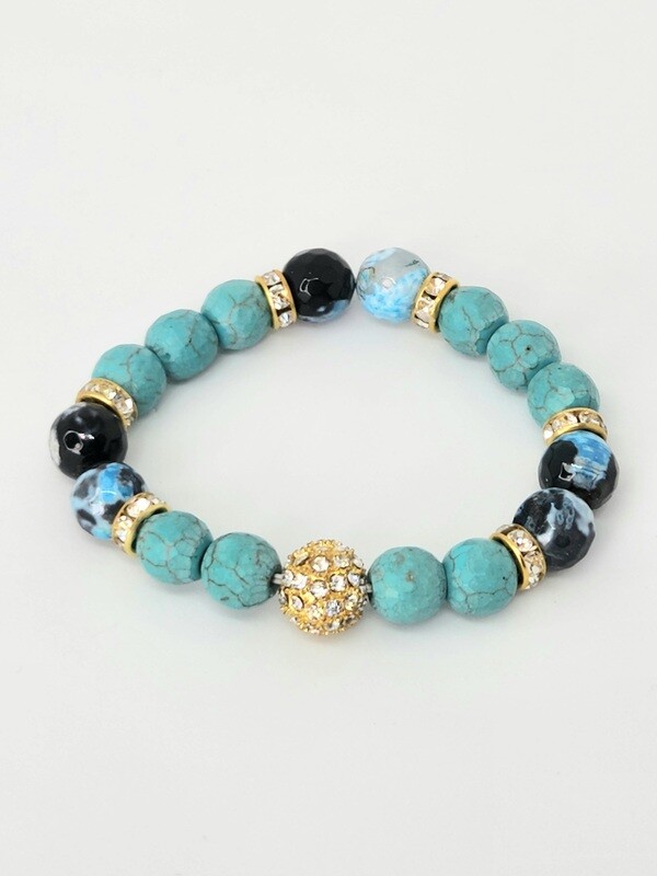 Turquoise Stones Gold Rhinestone  Crystal Sparkle Bracelet Ocean Blue Beads Acrylic