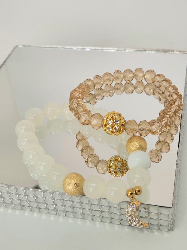 Boho Opal Jewels Beaded Druzy Rose Bracelets Set Crystal Rhinestone Gold Moon Charm