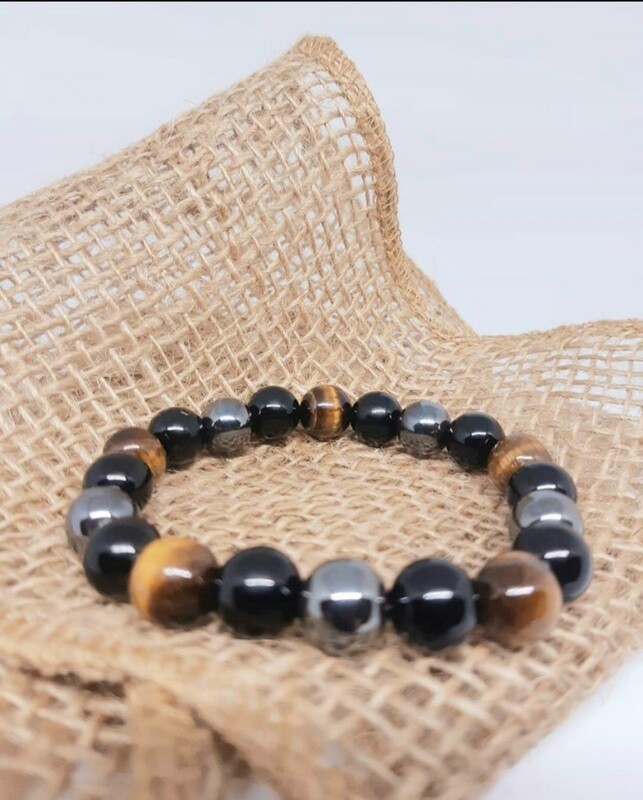 Tiger Eye Stone  Black Obsidian Gem  And Hematite Bead Bracelet